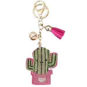 Puffy Tassel Rhinestone Smiling Cactus Keychain/Purse Charm